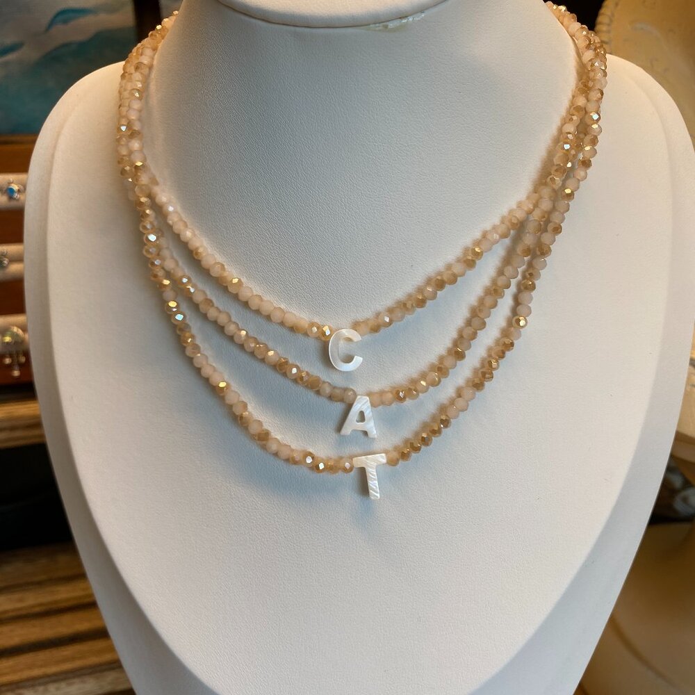 M87 Real MOP Initial Letter Bead Choker Necklace Crystal Cream Champagne Gem